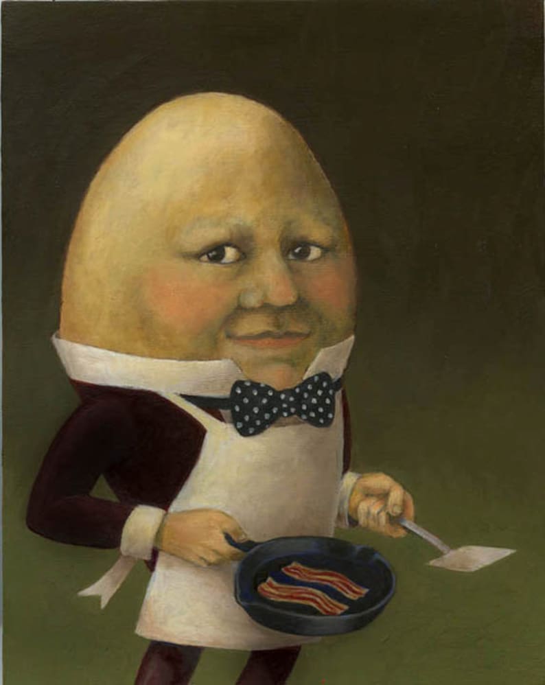 Vintage style egg headed man portrait print painted in realistic style shown holding a fry pan with bacon. Humorous food and kitchen art