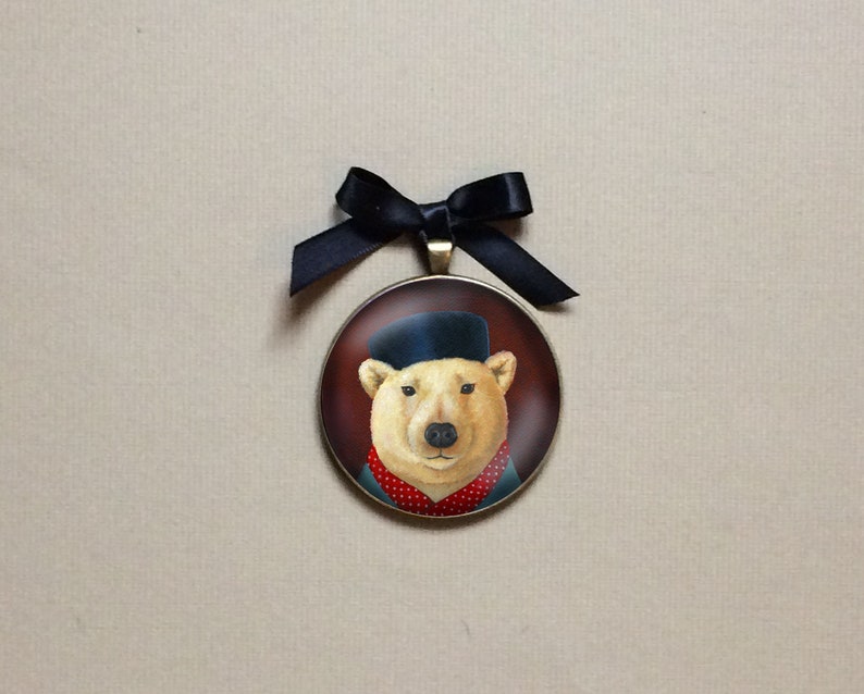 Polar Bear Ornament, Gallery Wall, Portrait Miniature, Animal lover, Retro Christmas, Stocking Stuffer, Secret Santa Gift image 1