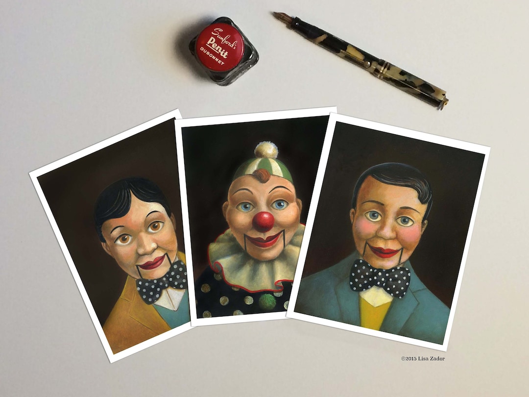 Ventriloquist Dummy and Clown Cards Set of 6 Blank Cards and Envelopes