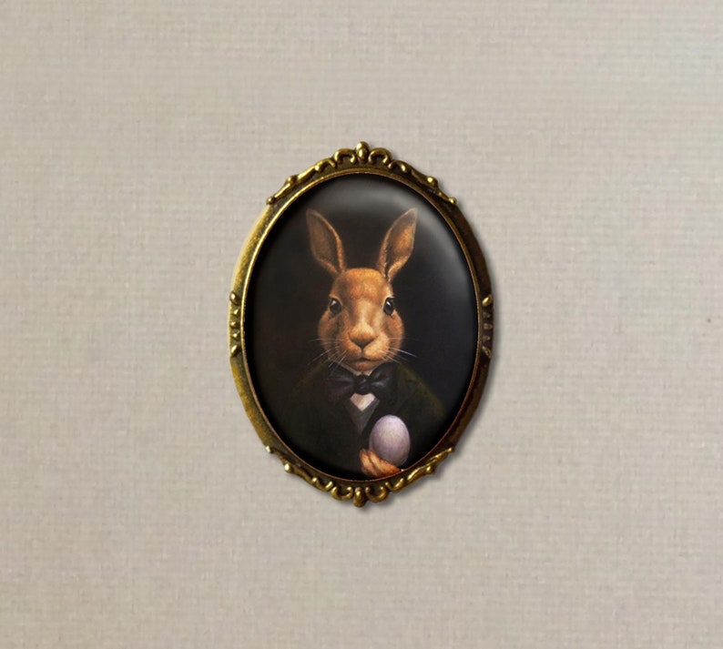 Rabbit Portrait Ornament Mysteriously holding an Egg 2 Round With Hanging Cord and Bow image 4