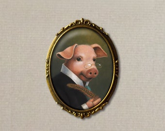 Pig Brooch, Pig Pin, Oval Pin, Farm Brooch, Barnyard Animal,  Pig Lover's Gift, Country Style, Farm Style, Animal, Anthropomorphic