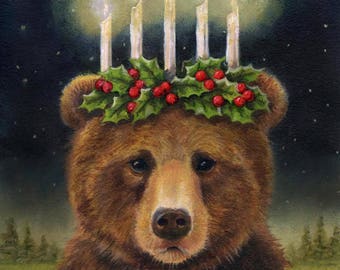 Bear Print, Bear Portrait, Bear Art, Christmas Bear, Saint Lucy, Grizzly Bear, Brown Bear