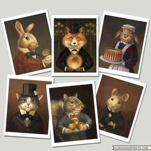 Tarjetas con retratos de animales de la época victoriana de una obra de arte original: juego de 6 tarjetas en blanco y sobres con conejo, zorro, ratón, gato y ardilla