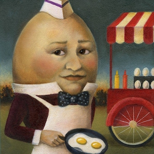 Egg Headed Man in Suit Food Portrait Print shown in an apron cooking bacon image 5