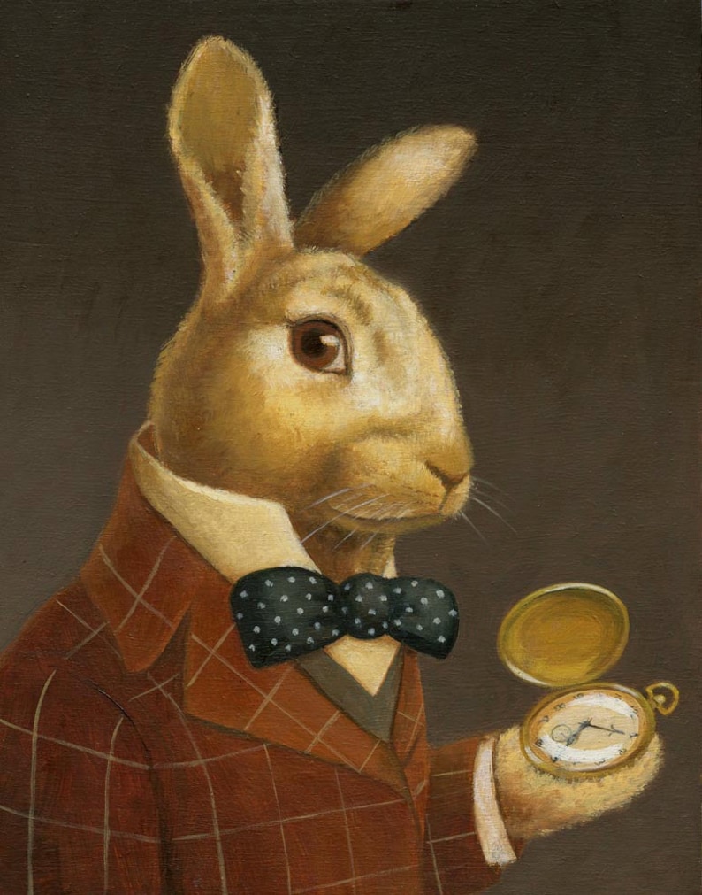 This realistically painted white rabbit in a plaid suit holding a pocket watch is a print of an original painting.  Inspired by Alice in Wonderland would make the perfect gift for any rabbit lover and adds a touch of Victorian whimsy to any room.