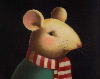 Christmas Mouse Print - Mouse Portrait - Candy Cane Scarf - Anthropomorphic Mouse - Christmas Animal Portrait