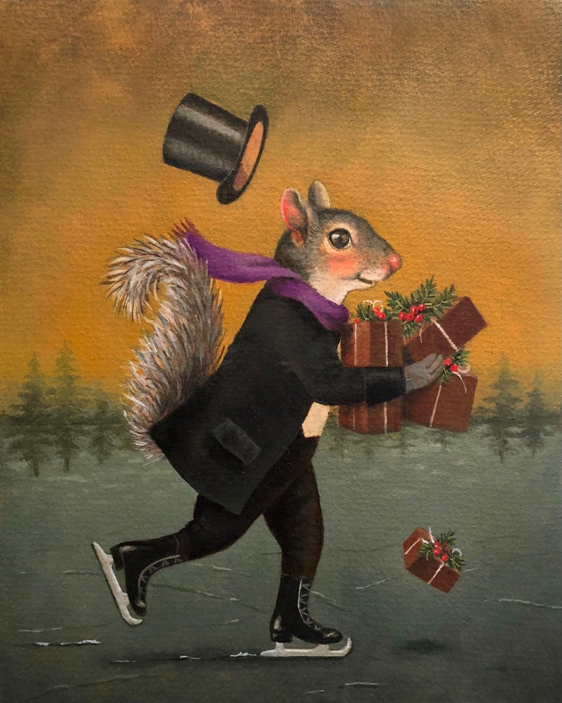 Squirrel Ice Skating Print, Victorian Christmas Squirrel, Squirrel Art, Animal Portrait image 1