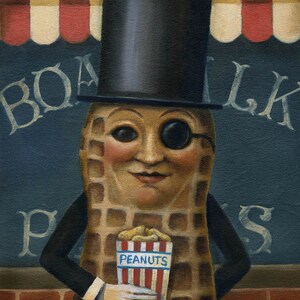 May include: A whimsical painting of a peanut character wearing a black top hat and monocle, holding a box of peanuts. The character is dressed in a black suit with white gloves. The background features a storefront with the word "BOA" and "LK" visible.