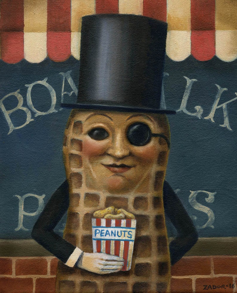 May include: A whimsical painting of a peanut character wearing a black top hat and monocle, holding a box of peanuts. The character is dressed in a black suit with white gloves. The background features a storefront with the word "BOA" and "LK" visible.