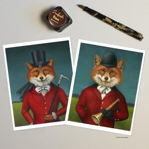 Tarjetas de notas de dama y caballero zorro con atuendo de caza de zorro