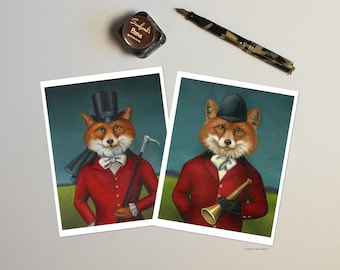Tarjetas de notas de dama y caballero zorro con atuendo de caza de zorro