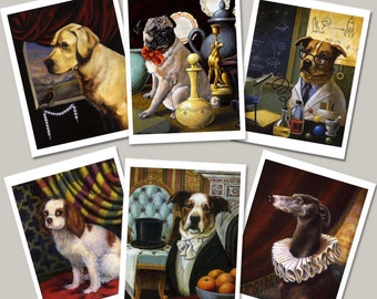 Humorous Dog Portrait Cards with Dogs in Clothes including a Pug. Greyhound, Labrador, Cavalier King Charles and Rescue Dogs