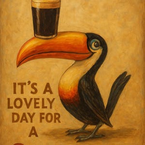 May include: Vintage-style Guinness advertisement featuring a toucan with a pint of stout balanced on its beak. The text reads "Guinness" at the top and bottom, with "It's a lovely day for a" in between. The artwork has a warm, aged appearance.