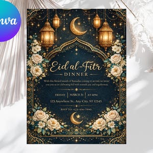 May include: An ornate invitation for an Eid al-Fitr dinner. The design features a dark blue background with gold accents, crescent moons, lanterns, and floral arrangements. The text reads "Eid al-Fitr Dinner" with event details.