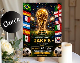 May include: A soccer-themed birthday invitation featuring a golden trophy, two soccer balls, and national flags on a dark stadium background. Text includes: JOIN US TO CELEBRATE JAKE'S 12 BIRTHDAY, AUGUST 20 AT 03 PM, 123 ANYWHERE ST., ANY CITY, RSVP TO: 123-456-7890.