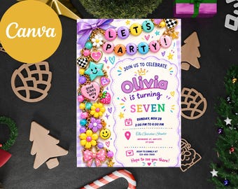 May include: A birthday invitation card featuring a colorful charm bracelet border with beads, stars, flowers, and hearts. The text reads: LETS PARTY! JOIN US TO CELEBRATE Olivia is turning SEVEN, SUNDAY, NOV 28, 2:00 PM TO 6:00 PM, The Garden Studio, ANYWHERE ST., ANY CITY, ST 12345, RSVP TO EMILY AT 123-456-7890, Hope to see you there!
