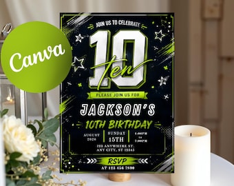 May include: A black birthday invitation card featuring the large white number 10, the text "JOIN US TO CELEBRATE", "TEN", "JACKSON'S 10TH BIRTHDAY", "AUGUST 15TH", "SUNDAY", "4:00PM to 7:00PM", "123 ANYWHERE ST. ANY CITY, ST 12345", "RSVP", and "AT 123 456 7890" in lime green.