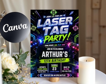 May include: A vibrant invitation for a laser tag party. The design features the text "LASER TAG PARTY!" in bold, 3D lettering, with laser guns and neon accents. The invitation includes details for Arthur's 12th birthday, including the date, time, and location.