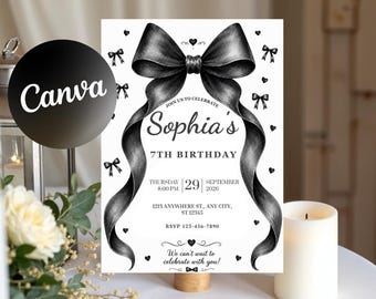 May include: A white birthday invitation card featuring a large black hand-drawn bow at the top with long flowing ribbons. The text reads: Join us to celebrate Sophia's 7th Birthday, Thursday 29 September 2026, 8:00 PM, 1213 Anywhere St., Any City, ST 12345, RSVP 123-456-7890, We can't wait to celebrate with you!