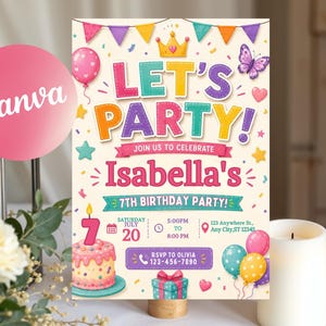 Inbjudan till flickfödelsedag med lappbokstäver, redigerbar Canvas-mall, preppy festinbjudan