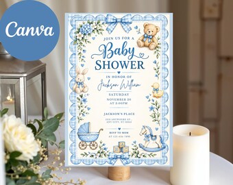 Vintage Teddy Bear Baby Shower Invitation Template, Floral Editable (Digital Download)