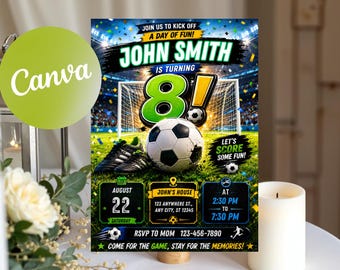 May include: A soccer-themed birthday invitation card featuring a stadium background, a large green number 8, a soccer ball, and cleats. Text includes JOIN US TO KICK OFF A DAY OF FUN, JOHN SMITH IS TURNING 8, LET'S SCORE SOME FUN, AUGUST 22, and RSVP TO MOM 123-456-7890.