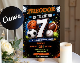May include: A sports-themed birthday invitation card featuring a large number 7, a basketball, football, soccer ball, baseball, and tennis ball against a black background with colorful paint splatters and the text THEODOR IS TURNING 7.