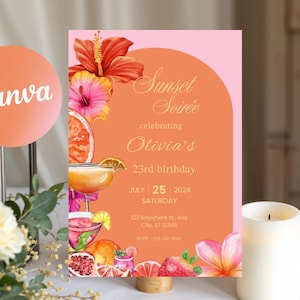 May include: A pink and orange invitation for a "Sunset Soirée" celebrating Olivia's 23rd birthday. The design includes watercolor illustrations of cocktails, fruit, and flowers. The date is July 25, 2024.