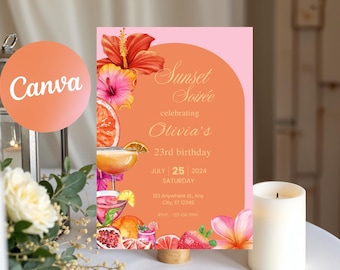 May include: A pink and orange invitation for a "Sunset Soirée" celebrating Olivia's 23rd birthday. The design includes watercolor illustrations of cocktails, fruit, and flowers. The date is July 25, 2024.