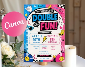 May include: A rectangular birthday invitation card featuring a split blue and pink background with graphic elements like cherries, lightning bolts, and vinyl records. The text reads: YOU'RE INVITED TO DOUBLE the FUN! CELEBRATING ADAM'S 10TH BIRTHDAY OLIVIA'S 8TH BIRTHDAY.