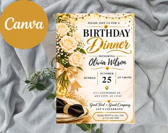 May include: A rectangular birthday dinner invitation card featuring a bouquet of cream roses, a gold ribbon, and string lights. The text reads: Please join us for a birthday dinner honoring Olivia Wilson, Sunday October 25 at 7:00 PM.