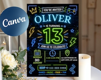 Neon 13th Birthday Invitation, Blue Teen Boy Party Invite (Digital Download)
