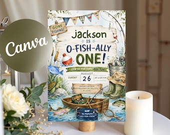 May include: A fishing-themed birthday invitation featuring a wooden sign background with the text Jackson is O-FISH-ALLY ONE! The design includes illustrations of a boat, fishing gear, a turtle, fish, and a banner, with event details for August 26.