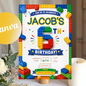 May include: A birthday invitation card featuring a border of colorful plastic building blocks. The text reads: JOIN US TO CELEBRATE JACOB'S 6TH BIRTHDAY! JANUARY 15TH 2026, 4:00PM TO 7:00PM, JACOB'S HOUSE, 123 ANYWHERE ST, ANY CITY, ST 12345, RSVP MOM AT 123 456 7890.