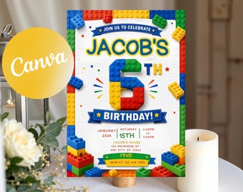 May include: A birthday invitation card featuring a border of colorful plastic building blocks. The text reads: JOIN US TO CELEBRATE JACOB'S 6TH BIRTHDAY! JANUARY 15TH 2026, 4:00PM TO 7:00PM, JACOB'S HOUSE, 123 ANYWHERE ST, ANY CITY, ST 12345, RSVP MOM AT 123 456 7890.