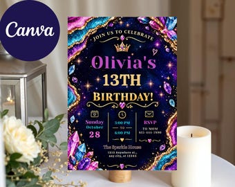 Galaxy Geode Birthday Invitation, Purple Crystal Party Invite (Digital Download)