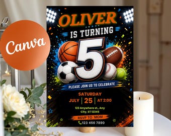 Sports Birthday Invitation Template, Editable Canva Kids Party Invite (Digital Download)
