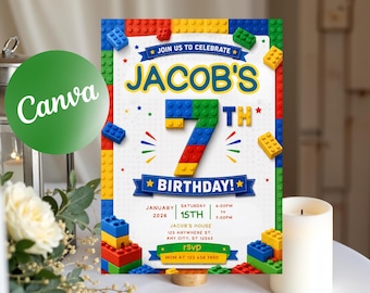 May include: A birthday invitation card featuring a colorful building block theme with the text JOIN US TO CELEBRATE JACOB'S 7TH BIRTHDAY. The design includes red, blue, yellow, and green blocks, with event details for January 15th, 2026, at 4:00 PM.