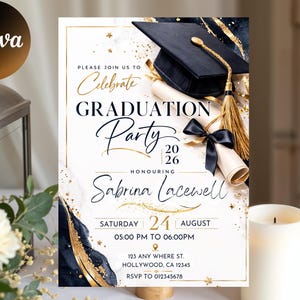 May include: A graduation party invitation with a black mortarboard, diploma, and gold tassel. The invitation features the text "Celebrate Graduation Party 2026" and honors Sabrina Lacewell. The date is August 24th, 5:00 PM to 6:00 PM.