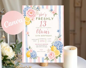 May include: A rectangular birthday invitation card featuring vertical light pink and blue stripes. The design includes watercolor illustrations of pink peonies, blue hydrangeas, and yellow lemons. Text reads: she's FRESHLY 13 Olivia's 13TH BIRTHDAY.