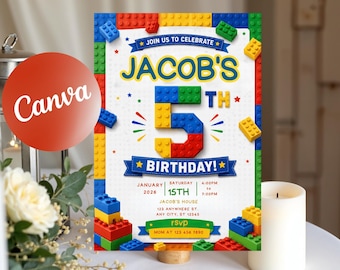 May include: A rectangular birthday invitation card featuring a colorful building block theme with red, blue, yellow, and green bricks. The text reads: JOIN US TO CELEBRATE JACOB'S 5TH BIRTHDAY! JANUARY 15TH, 2026, 4:00PM TO 7:00PM, JACOB'S HOUSE, 123 ANYWHERE ST.