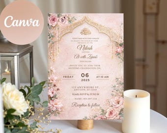 May include: A wedding invitation with a pink and gold floral design. The invitation includes the text "Nikah uniting Ali with Zainab" and details for the wedding celebration on June 6, 2025, at 10 AM. The invitation is decorated with pink roses and gold accents.
