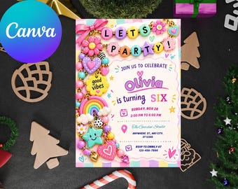 May include: A birthday invitation card featuring a colorful charm bracelet border with hearts, stars, flowers, and a rainbow. The text reads: LETS PARTY! JOIN US TO CELEBRATE Olivia is turning SIX, SUNDAY, NOV 28, 2:00 PM TO 6:00 PM, The Garden Studio, ANYWHERE ST., ANY CITY, ST 12345, RSVP TO EMMILY AT 123-456-7890.