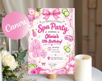 Pink Spa Birthday Invitation, Pamper Party Canva Template (Digital Download)