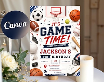 May include: A sports-themed birthday invitation card featuring a basketball hoop, soccer ball, football, baseball, tennis ball, hockey stick, and helmet. The text reads IT'S GAME TIME! JOIN US TO CELEBRATE JACKSON'S 6TH BIRTHDAY, SUNDAY 30 NOVEMBER AT 2:00 PM.