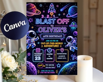 May include: A rectangular birthday invitation card featuring a neon-style space theme with planets, stars, a rocket, and two astronauts. The text reads 3...2...1... BLAST OFF TO OLIVER'S 13TH BIRTHDAY! JOIN US FOR AN OUT-OF-THIS-WORLD ADVENTURE! with event details.
