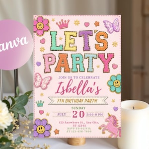 Könnte beinhalten: Eine rechteckige Geburtstagseinladungskarte auf hellrosa Hintergrund. Der Text lautet LET'S PARTY, JOIN US TO CELEBRATE Isbella's 7TH BIRTHDAY PARTY, SUNDAY JULY 20 5:00-8 PM, 123 Anywhere St., Any City, ST 12345, RSVP TO OLIVIA 123-456-7890.