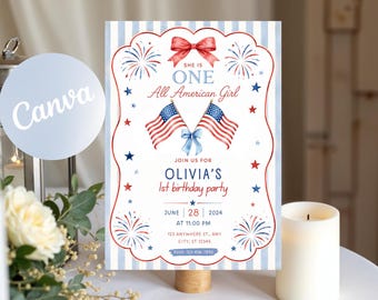 All American Girl 1st Birthday Invitation, Red White Blue Summer Party (Digital Download)