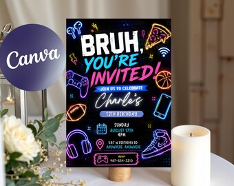 May include: Black invitation with neon graphics for a 12th birthday party. The text reads "Bruh, You're Invited!" with a variety of icons including a game controller, pizza slice, and basketball. The invitation includes the date, time, and location.