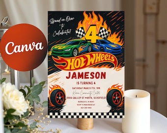 Hot Cars verjaardagsuitnodiging, racewagenfeest, bewerkbaar canva (5 x 7 inch) (digitale download)